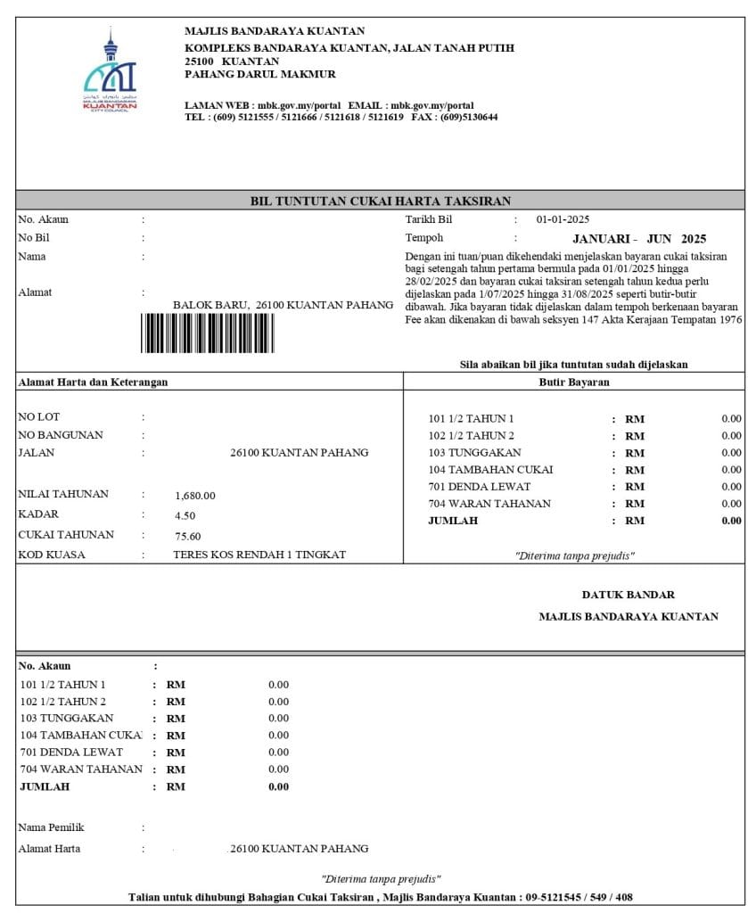 contoh cukai pintu cukai taksiran assesment fee kuantan pahang MBK